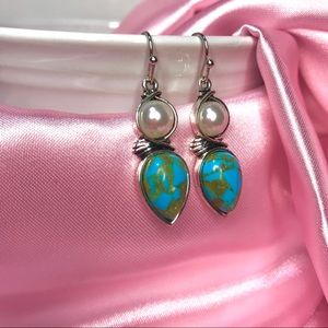 Turquoise and pearl drop dangle earrings.